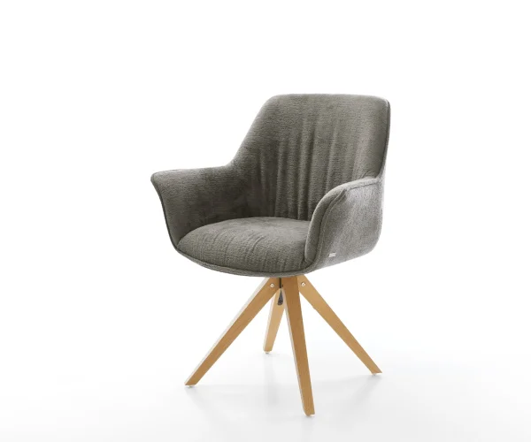 Drehstuhl Keila-Flex mit Armlehnen Bouclé Soft Schlamm Holzgestell kantig Natur 180° drehbar