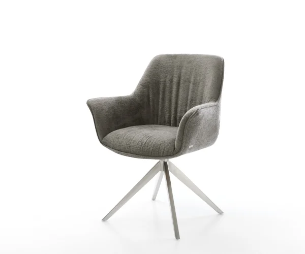 Drehstuhl Keila-Flex mit Armlehnen Bouclé Soft Schlamm Kreuzgestell breit Edelstahl 360° drehbar Wippfunktion