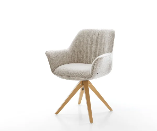 Drehstuhl Keila-Flex mit Armlehnen Webstoff Soft Beige Holzgestell kantig Natur 180° drehbar