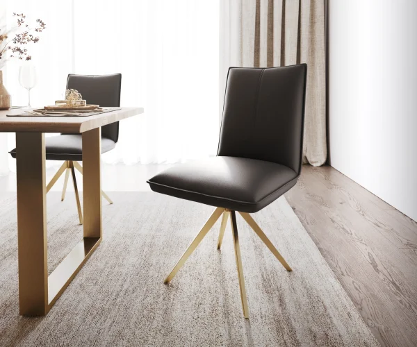 Drehstuhl Lelio-Flex Echt Leder Schwarz Kreuzgestell kantig Gold 180° drehbar Taschenfederkern