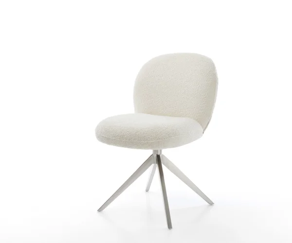 Drehstuhl Nube-Flex Bouclé Weiß Kreuzgestell breit Edelstahl 360° drehbar Wippfunktion Taschenfederkern