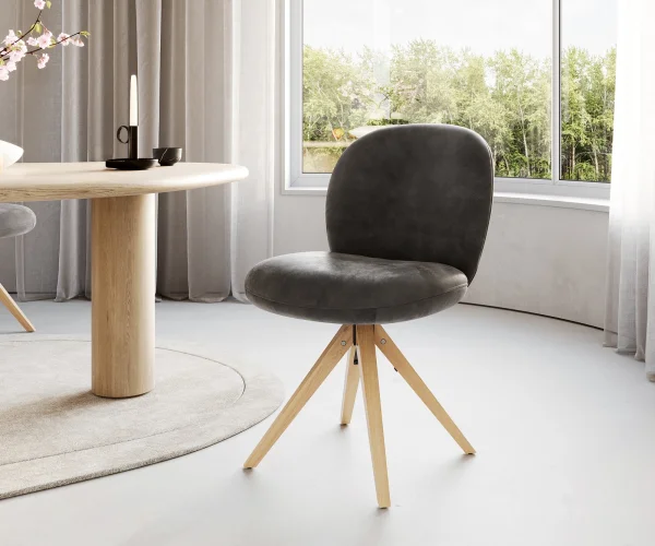 Drehstuhl Nube-Flex Mikrofaser Anthrazit Vintage Holzgestell kantig Natur 180° drehbar Taschenfederkern