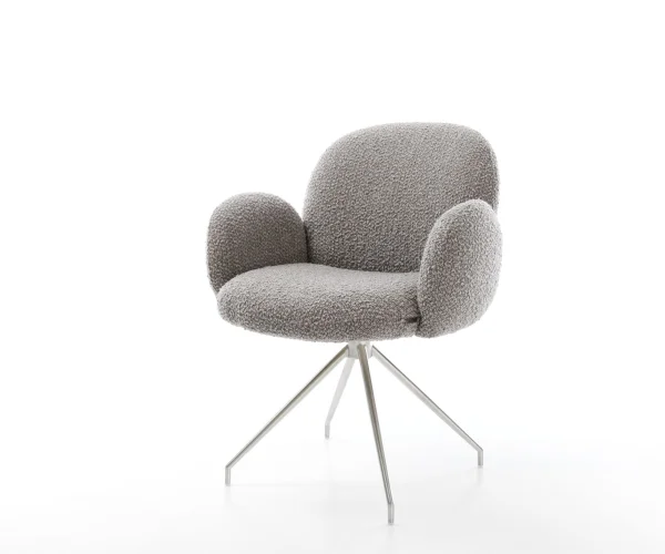 Drehstuhl Nube-Flex mit Armlehnen Bouclé Silbergrau Kreuzgestell konisch Edelstahl 180° drehbar Taschenfederkern