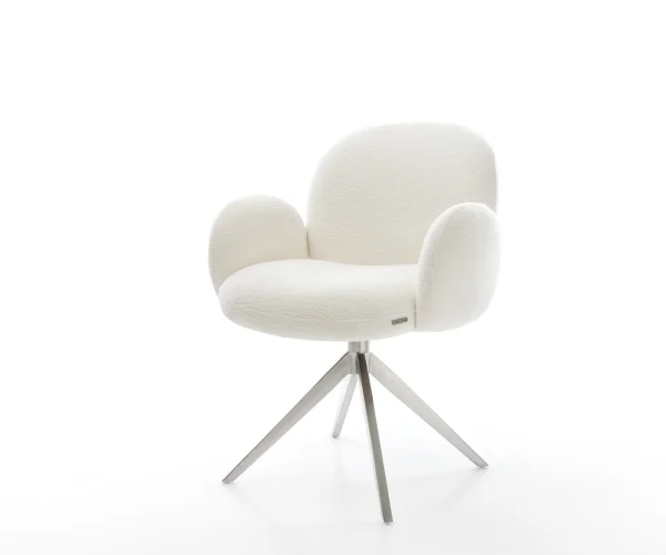 Drehstuhl Nube-Flex mit Armlehnen Bouclé Soft Beige Kreuzgestell breit Edelstahl 360° drehbar Taschenfederkern