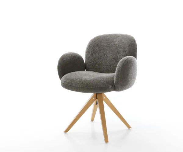 Drehstuhl Nube-Flex mit Armlehnen Bouclé Soft Schlamm Holzgestell kantig Natur 180° drehbar Taschenfederkern
