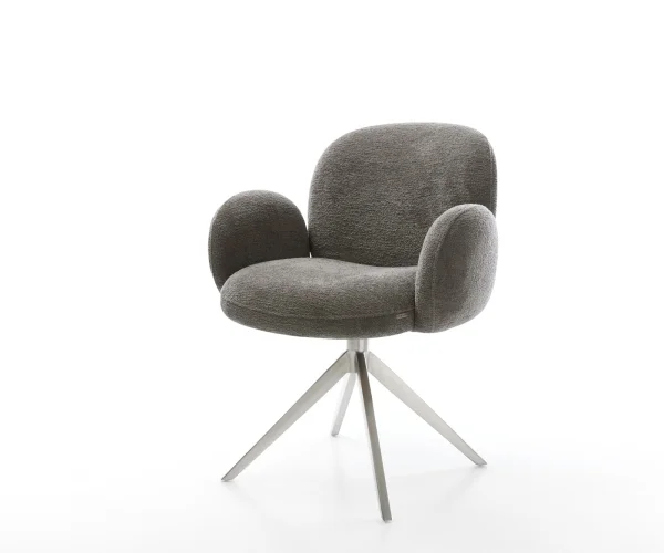 Drehstuhl Nube-Flex mit Armlehnen Bouclé Soft Schlamm Kreuzgestell breit Edelstahl 360° drehbar Wippfunktion Taschenfederkern