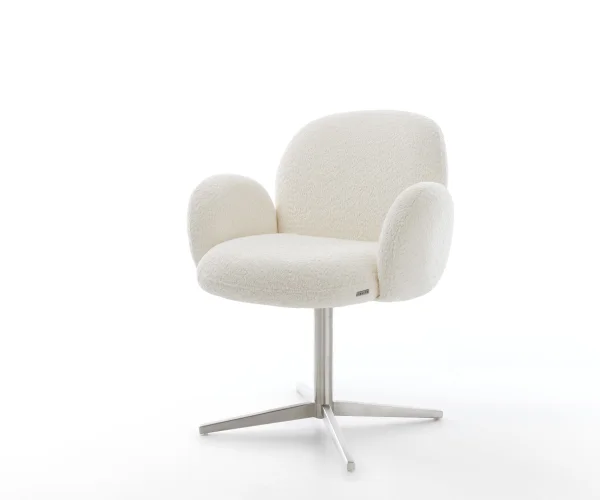 Drehstuhl Nube-Flex mit Armlehnen Bouclé Weiß Fußkreuz Edelstahl 360° drehbar Taschenfederkern