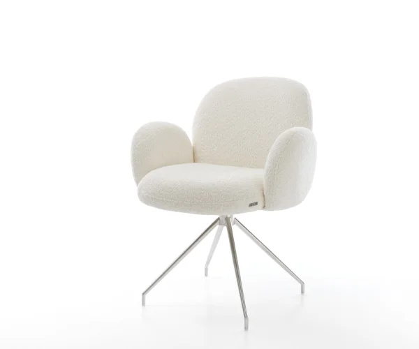 Drehstuhl Nube-Flex mit Armlehnen Bouclé Weiß Kreuzgestell konisch Edelstahl 180° drehbar Taschenfederkern