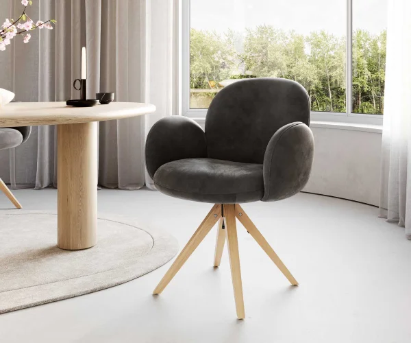 Drehstuhl Nube-Flex mit Armlehnen Mikrofaser Anthrazit Vintage Holzgestell kantig Natur 180° drehbar Taschenfederkern