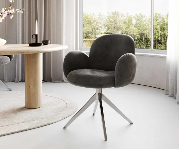Drehstuhl Nube-Flex mit Armlehnen Mikrofaser Anthrazit Vintage Kreuzgestell breit Edelstahl 360° drehbar Taschenfederkern