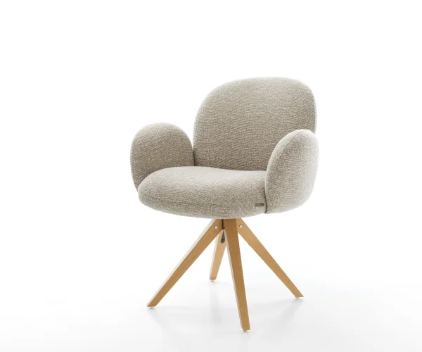 Drehstuhl Nube-Flex mit Armlehnen Webstoff Soft Beige Holzgestell kantig Natur 180° drehbar Taschenfederkern