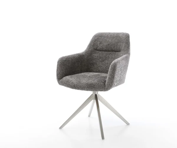 Drehstuhl Pejo-Flex Bouclé Grau Kreuzgestell breit Edelstahl 360° drehbar Wippfunktion Taschenfederkern