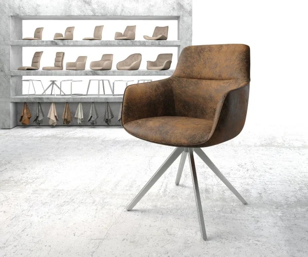 Drehstuhl Pejo-Flex Braun Antik Kreuzgestell kantig Edelstahl 180° drehbar