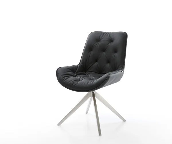 Drehstuhl Taimi-Flex Echt-Leder Schwarz Kreuzgestell breit Edelstahl 360° drehbar Wippfunktion
