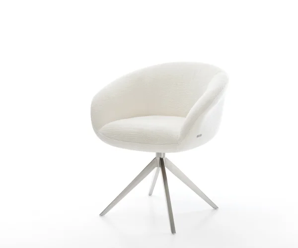 Drehstuhl Vinka-Flex mit Armlehnen Bouclé Soft Beige Kreuzgestell breit Edelstahl 360° drehbar Wippfunktion Taschenfederkern