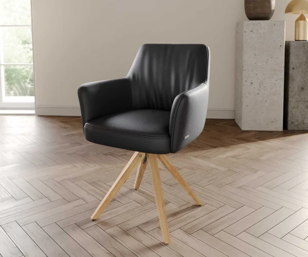 Drehstuhl Xana-Flex mit Armlehnen Echt-Leder Schwarz Holzgestell kantig Natur 180° drehbar Taschenfederkern