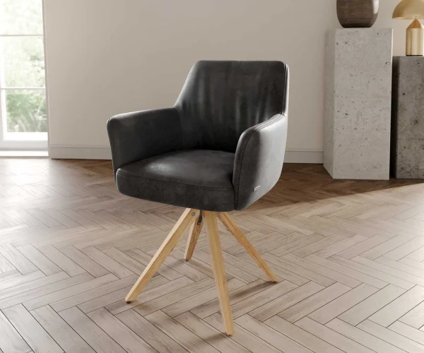 Drehstuhl Xana-Flex mit Armlehnen Mikrofaser Anthrazit Vintage Holzgestell kantig Natur 180° drehbar Taschenfederkern