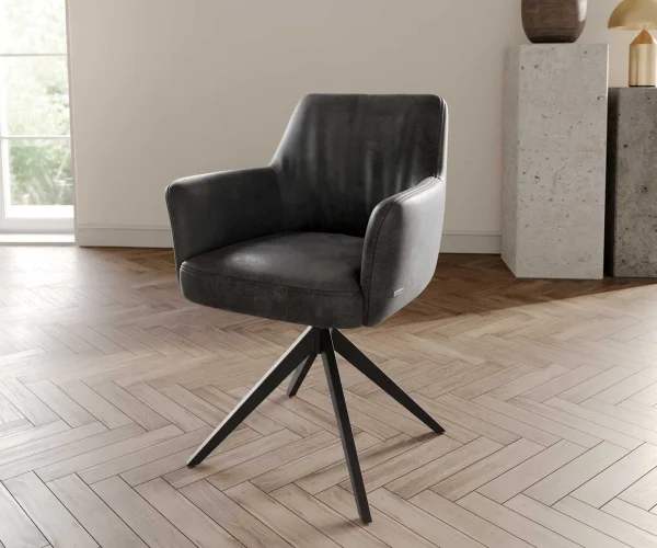 Drehstuhl Xana-Flex mit Armlehnen Mikrofaser Anthrazit Vintage Kreuzgestell breit Schwarz 360° drehbar Taschenfederkern