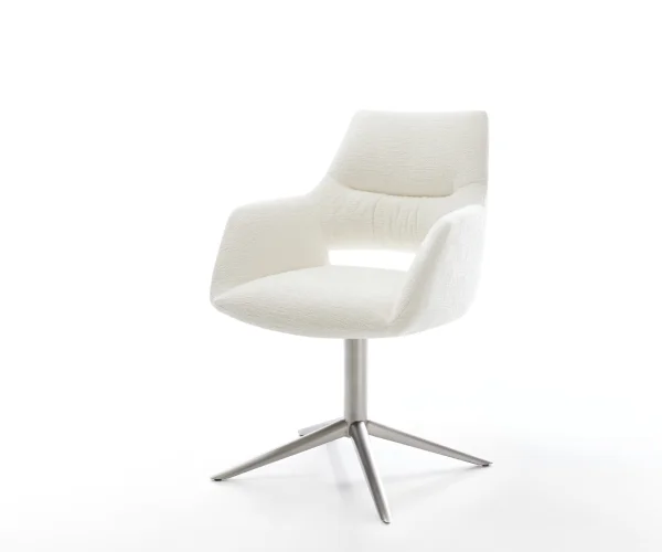 Drehstuhl Yago-Flex mit Armlehnen Bouclé Soft Beige Fußkreuz Edelstahl 360° drehbar Wippfunktion Taschenfederkern