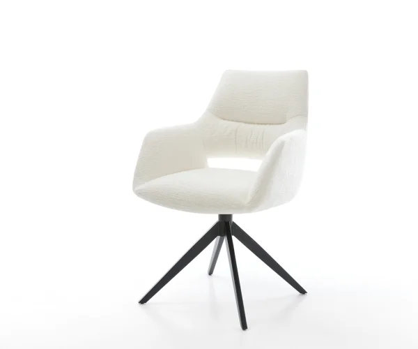 Drehstuhl Yago-Flex mit Armlehnen Bouclé Soft Beige Kreuzgestell breit Schwarz 360° drehbar Wippfunktion Taschenfederkern