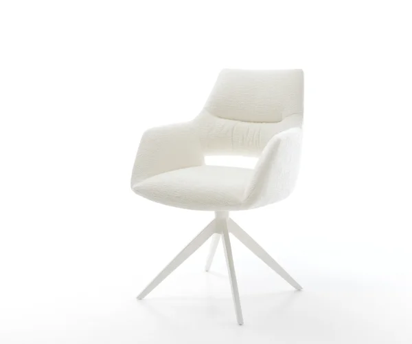 Drehstuhl Yago-Flex mit Armlehnen Bouclé Soft Beige Kreuzgestell breit Weiß 360° drehbar Wippfunktion Taschenfederkern