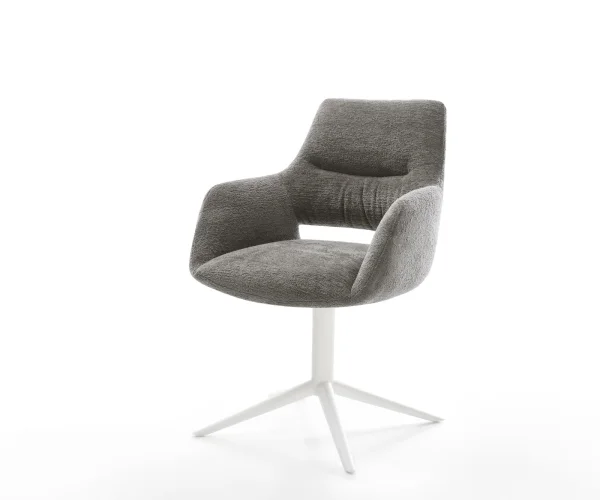 Drehstuhl Yago-Flex mit Armlehnen Bouclé Soft Schlamm Fußkreuz Weiß 360° drehbar Wippfunktion Taschenfederkern