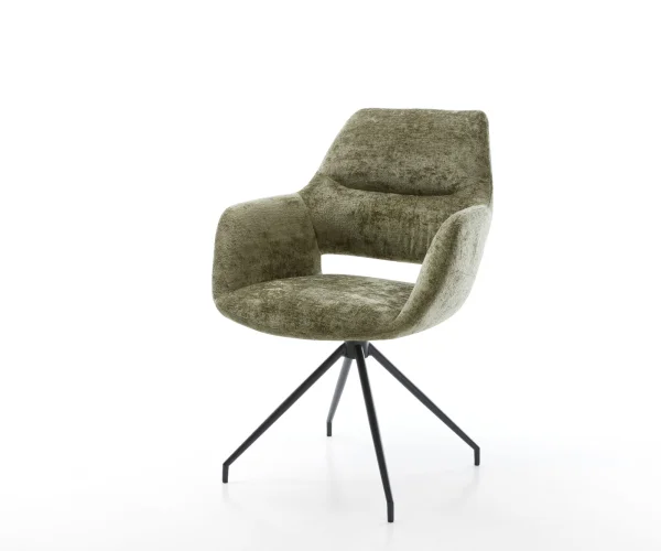 Drehstuhl Yago-Flex mit Armlehnen Chenille Olive Kreuzgestell konisch Schwarz 180° drehbar Taschenfederkern