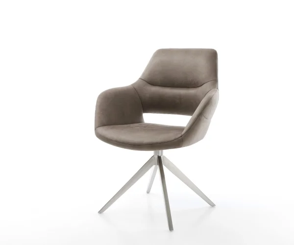 Drehstuhl Yago-Flex mit Armlehnen Mikrofaser Taupe Vintage Kreuzgestell breit Edelstahl 360° drehbar Wippfunktion Taschenfederkern