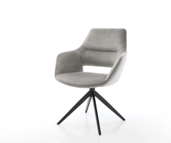 Drehstuhl Yago-Flex mit Armlehnen Samt Grau Kreuzgestell breit Schwarz 360° drehbar Wippfunktion Taschenfederkern