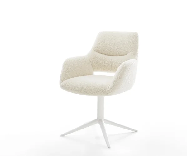 Drehstuhl Yago-Flex mit Armlehnen Teddystoff Beige Fußkreuz Weiß 360° drehbar Wippfunktion Taschenfederkern