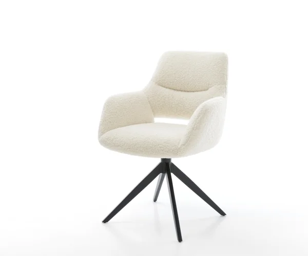 Drehstuhl Yago-Flex mit Armlehnen Teddystoff Beige Kreuzgestell breit Schwarz 360° drehbar Wippfunktion Taschenfederkern