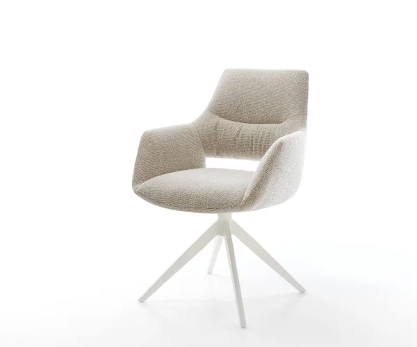 Drehstuhl Yago-Flex mit Armlehnen Webstoff Soft Beige Kreuzgestell breit Weiß 360° drehbar Wippfunktion Taschenfederkern
