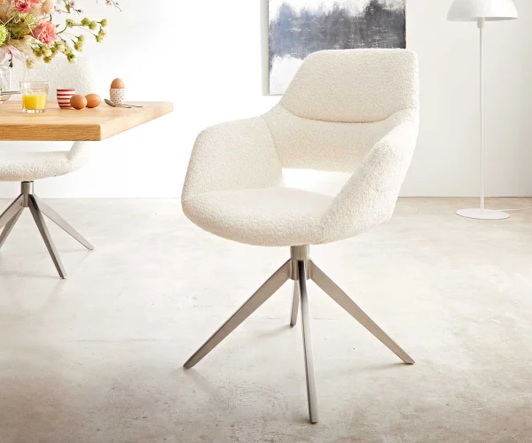 Drehstuhl Yago-Flex XL mit Armlehnen Bouclé Weiß Kreuzgestell breit Edelstahl 360° drehbar