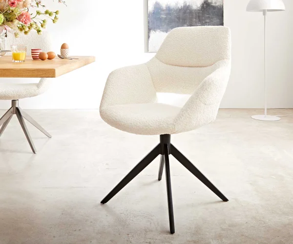 Drehstuhl Yago-Flex XL mit Armlehnen Bouclé Weiß Kreuzgestell breit Schwarz 360° drehbar