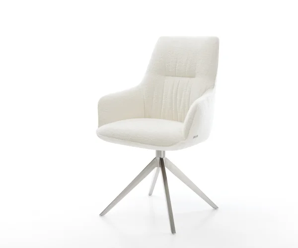 Drehstuhl Zelia-Flex mit Armlehnen Bouclé Soft Beige Kreuzgestell breit Edelstahl 360° drehbar Wippfunktion Taschenfederkern