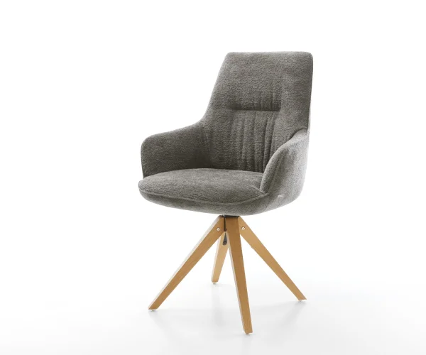 Drehstuhl Zelia-Flex mit Armlehnen Bouclé Soft Schlamm Holzgestell kantig Natur 180° drehbar Taschenfederkern