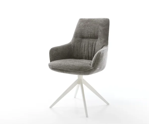 Drehstuhl Zelia-Flex mit Armlehnen Bouclé Soft Schlamm Kreuzgestell breit Weiß 360° drehbar Wippfunktion Taschenfederkern