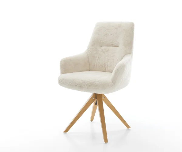 Drehstuhl Zelia-Flex mit Armlehnen Plüsch Creme-Weiß Holzgestell kantig Natur 180° drehbar Taschenfederkern