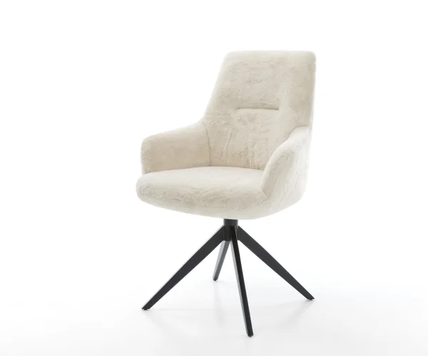 Drehstuhl Zelia-Flex mit Armlehnen Plüsch Creme-Weiß Kreuzgestell breit Schwarz 360° drehbar Wippfunktion Taschenfederkern