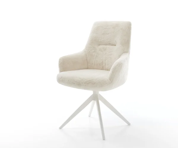 Drehstuhl Zelia-Flex mit Armlehnen Plüsch Creme-Weiß Kreuzgestell breit Weiß 360° drehbar Wippfunktion Taschenfederkern