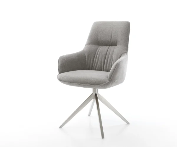Drehstuhl Zelia-Flex mit Armlehnen Strukturstoff Soft Grau Kreuzgestell breit Edelstahl 360° drehbar Wippfunktion Taschenfederkern