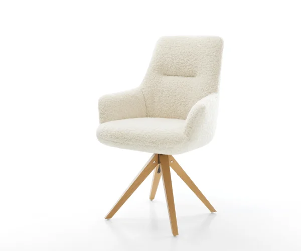 Drehstuhl Zelia-Flex mit Armlehnen Teddystoff Beige Holzgestell kantig Natur 180° drehbar Taschenfederkern