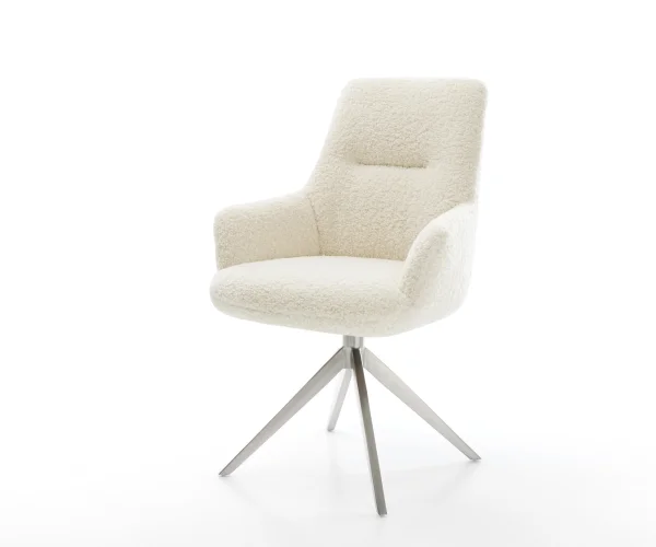 Drehstuhl Zelia-Flex mit Armlehnen Teddystoff Beige Kreuzgestell breit Edelstahl 360° drehbar Wippfunktion Taschenfederkern