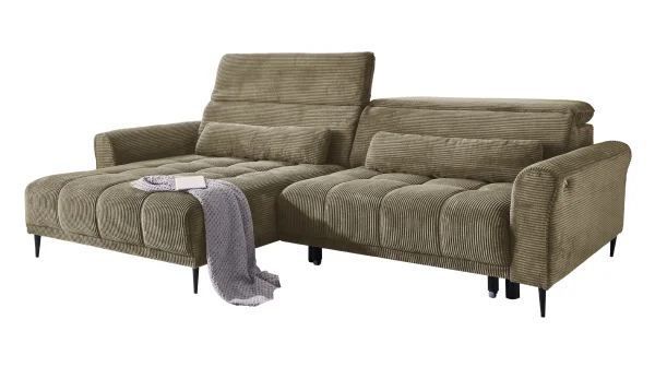 Ecksofa Cord grün ausziehbar - Sitztiefenverstellung - 277 cm - OT links - LOGAN