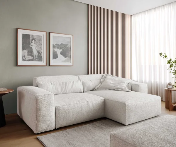 Ecksofa Sirpio 230x150 cm Bouclé Creme-Weiß Recamiere variabel mit Hocker