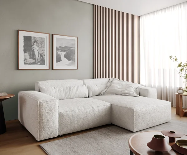 Ecksofa Sirpio 230x150 cm Bouclé Creme-Weiß Recamiere variabel
