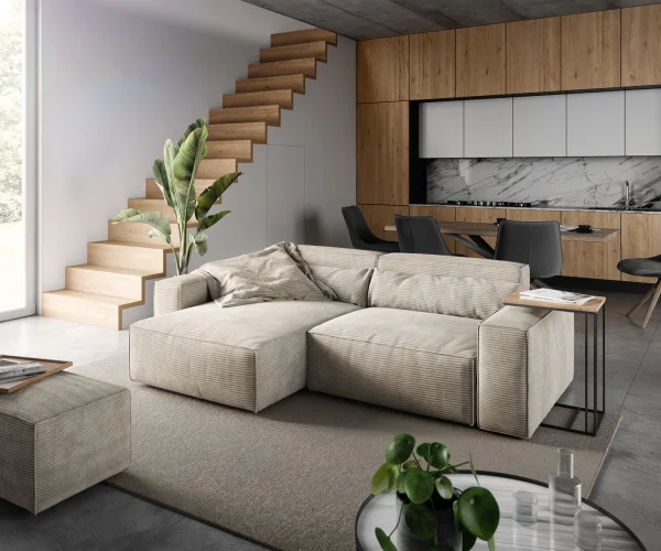 Ecksofa Sirpio 230x150 cm Cord Beige Recamiere variabel mit Hocker