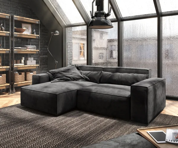 Ecksofa Sirpio 230x150 cm Mikrofaser Schwarz Recamiere variabel mit Hocker