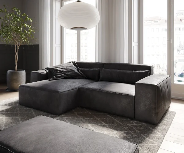 Ecksofa Sirpio 230x155 cm Lederimitat Vintage Anthrazit Recamiere variabel mit Hocker