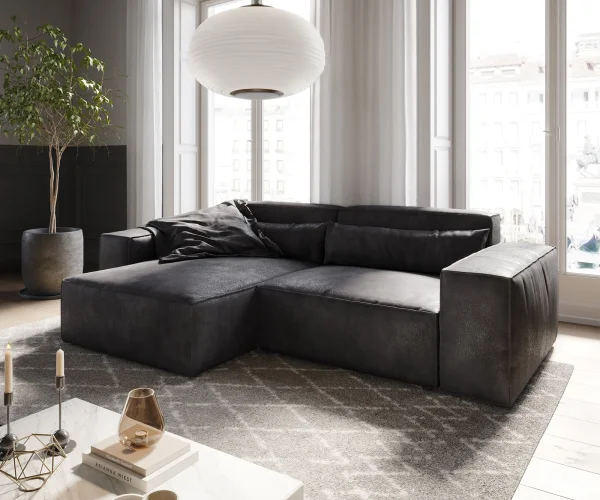 Ecksofa Sirpio L 260x160 cm Lederimitat Vintage Anthrazit Recamiere variabel